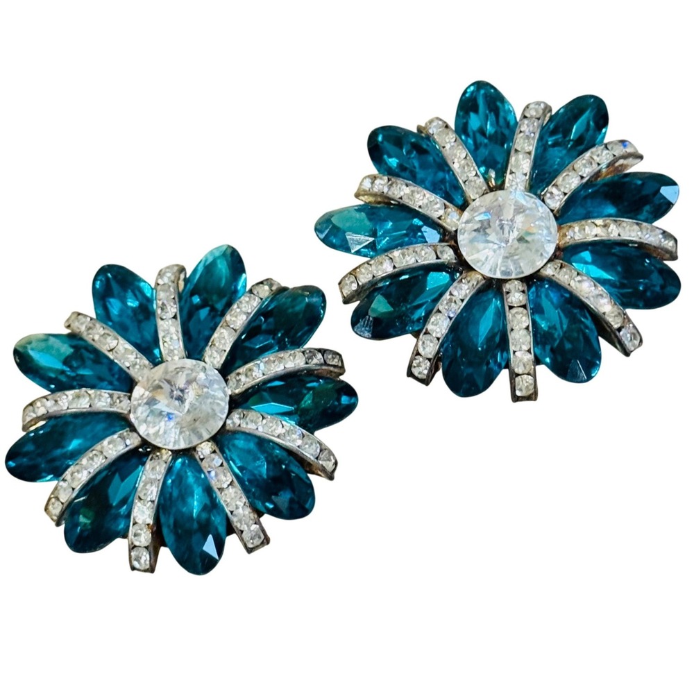 VTG Designs By SD Earrings teal Austrian Crystal rhinestone‎ clip Large Sparkly